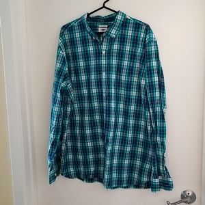 Old Navy Men's Plaid Button Down, XXL TTG Slim Fit, Navy and Teal